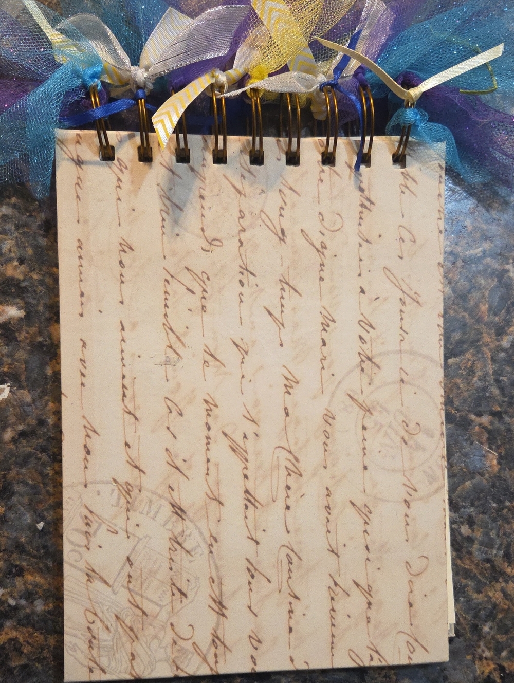 20 Page Spiral Notepad with Blue, Purple & Yellow Tulle Accents